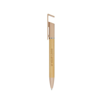 Stylo en bambou avec support de téléphone intégré encre bleue