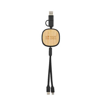 Câble de charge rétractable double 3 en 1 en bambou, longueur 1 m