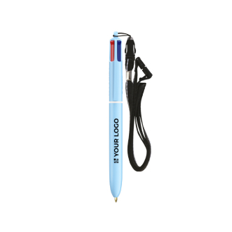 Stylo en plastique tons pastel avec cordon et encre 4 couleurs BIC®