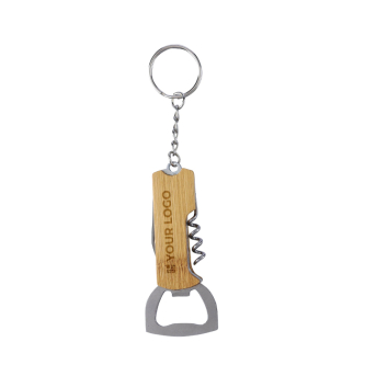 Porte-clés en bambou avec décapsuleur, couteau et tire-bouchon