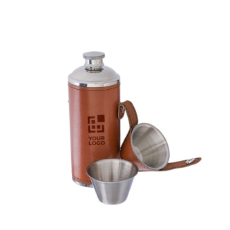 Bouteille en acier inoxydable avec 2 verres et étui en cuir 230ml