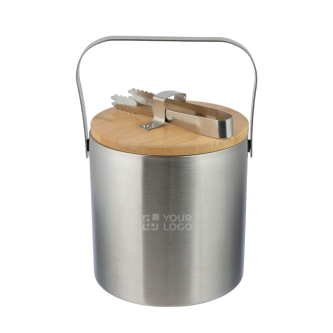 Seau à glaçons en acier inoxydable double paroi avec couvercle bambou