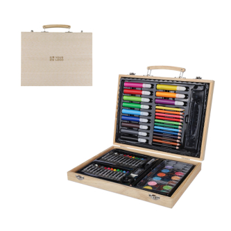 Coffret en bois avec poignée de transport et 66 pièces à colorier