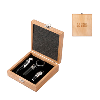 Coffret vin avec accessoires en inox dans une boîte en bois