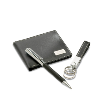 Comprend un stylo, un porte-clés et un portefeuille couleur noir