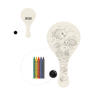 Set de raquettes en bois avec balle à colorier et crayons de cire