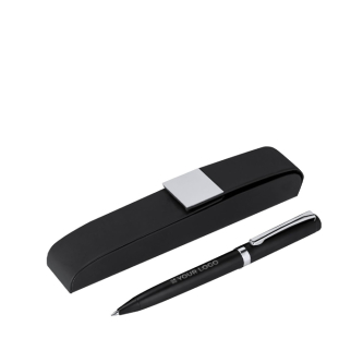 Stylo rotatif en acier inoxydable avec étui et encre bleue
