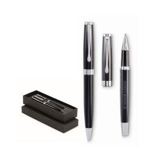 Set avec un stylo à bille bleu et un stylo roller noir dans un étui