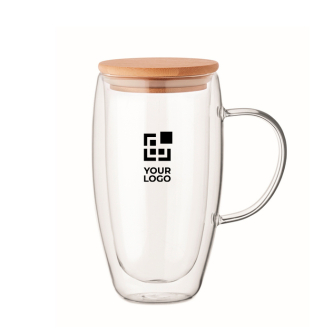 Longue tasse en verre avec anse transparente et couvercle bois 450ml