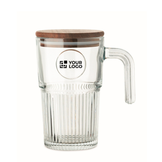 Grande tasse en verre strié avec couvercle en bois et anse 450 ml