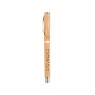 Stylo roller en bambou et acier inoxydable avec encre gel bleue