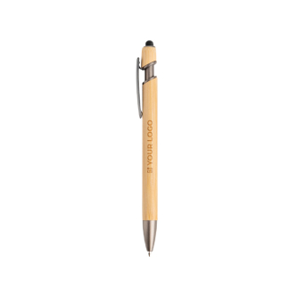 Stylo en bambou avec pointe tactile et détails métalliques encre bleue