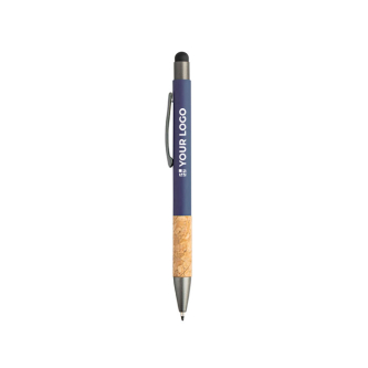 Stylo en aluminium et liège avec texture caoutchoutée encre bleue avec zone d'impression