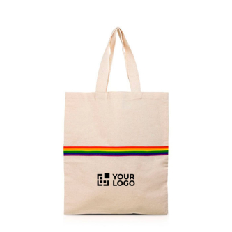Sac en coton naturel avec bande multicolore et poignées 180 g/m² avec zone d'impression
