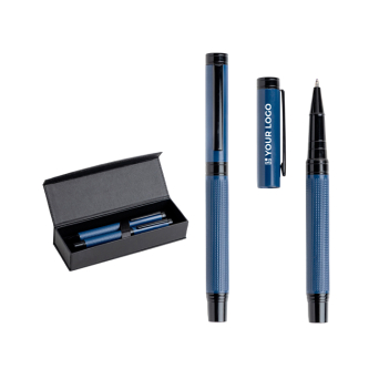Set stylo et roller en acier et aluminium avec relief encre noire