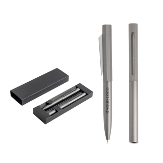Set stylo et roller en aluminium design hexagonal encre noire