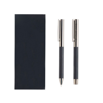 Ensemble roller et stylo métal et carbone, style moderne, encre bleue avec zone d'impression