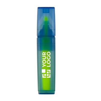 Marqueur en RPET bleu transparent avec encres de différentes couleurs avec zone d'impression