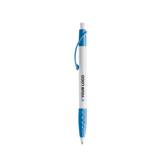 Stylo blanc avec détails colorés et poignée texturée avec zone d'impression