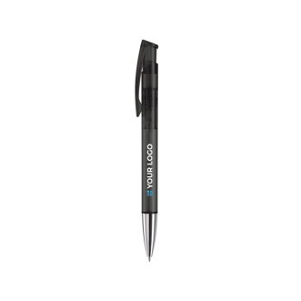 Stylo en plastique transparent coloré avec pointe métallisée avec zone d'impression