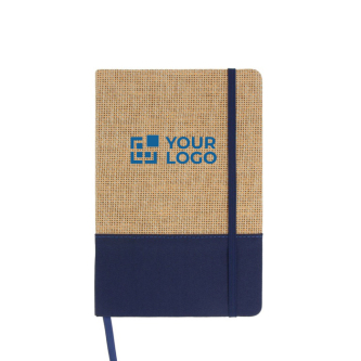 Carnet en jute et RPET avec détail coloré à la base et pages lignées avec zone d'impression