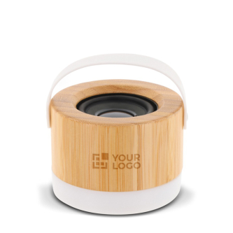 Enceinte sans fil en bambou avec base et anse blanche pour transport avec zone d'impression