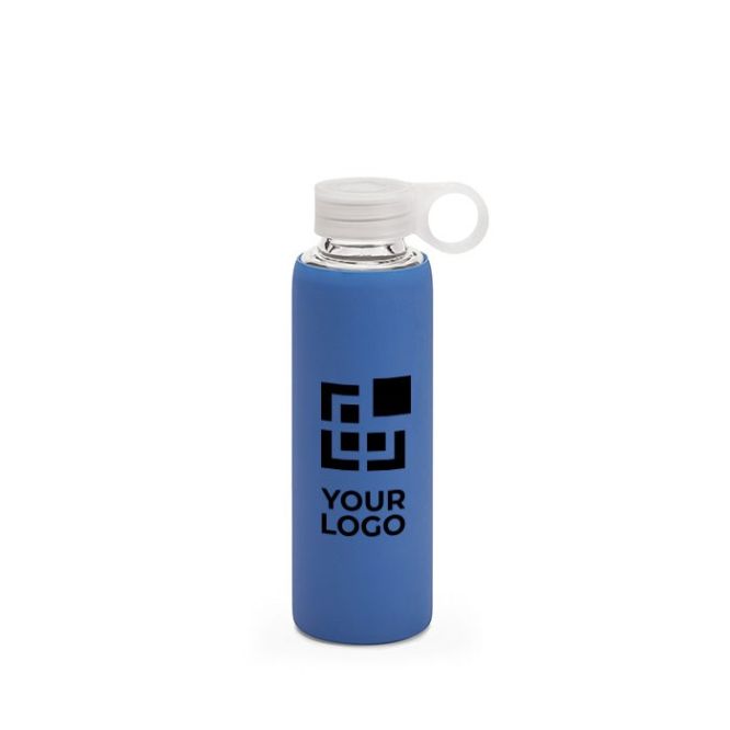 Gourde en verre publicitaire de 380 ml avec étui couleur bleu