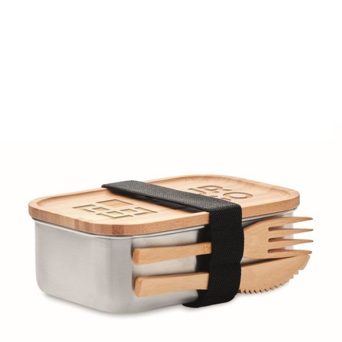 Récipient en inox avec couteau et fourchette avec zone d'impression
