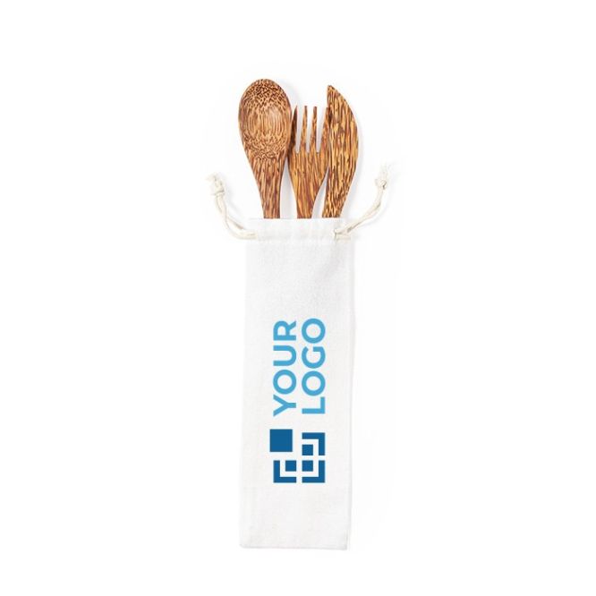 Ensemble de couverts en noix de coco avec zone d'impression