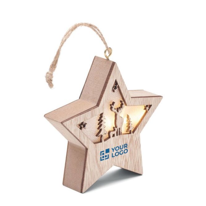 Étoile de Noël en bois décorée d'une lumière et d'une ficelle vue avec zone d'impression