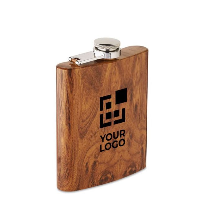 Flasque personnalisée en inox recyclée avec l'aspect bois 190ml vue avec zone d'impression