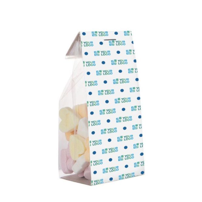 Sachet de cœurs en sucre avec carton publicitaire 100g