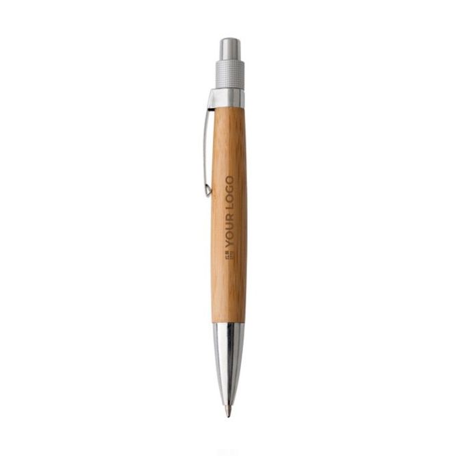 Stylo en bambou avec détails métalliques, mince bleue