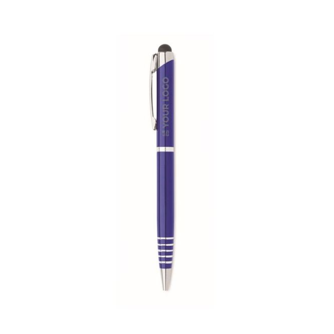 Stylo à rotation en aluminium recyclé à mine bleue et stylet vue avec zone d'impression