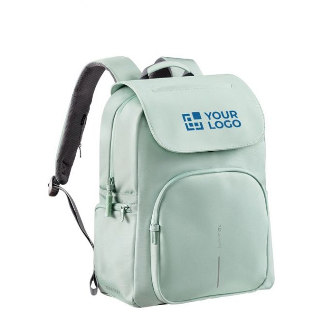 Sac à dos pour PC 16” en RPET, rabat antivol, zips sécurisés couleur vert avec zone d'impression