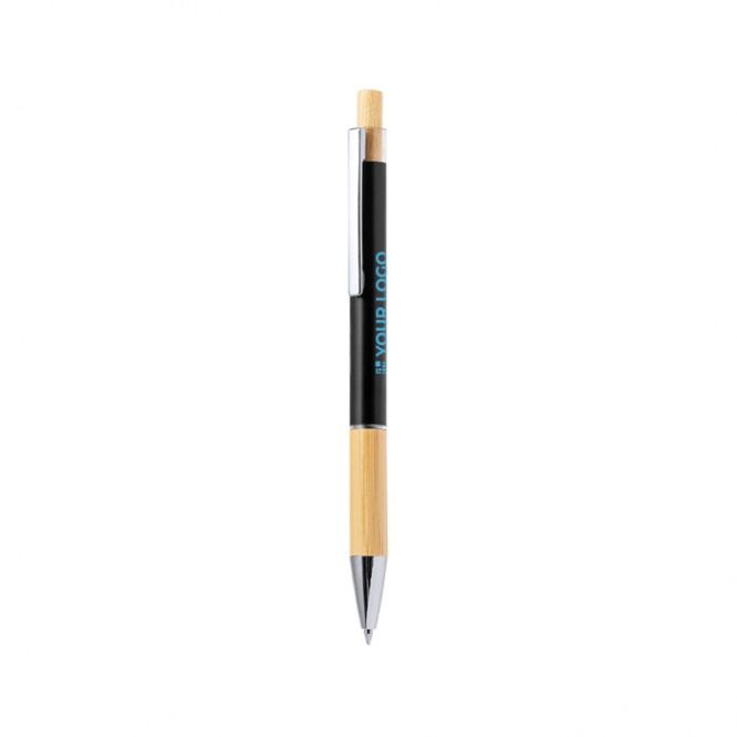 Stylo en aluminium et bambou, bouton-poussoir, mine bleue