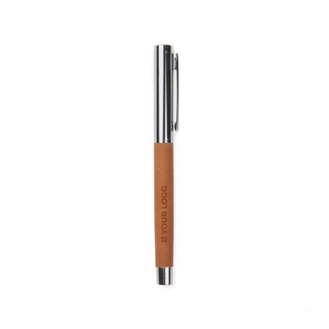 Stylo en acier inoxydable recyclé et cuir synthétique avec encre bleue