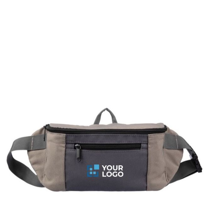 Ceinture banane tricolore en polyester avec poche avant et supérieure couleur taupe avec zone d'impression