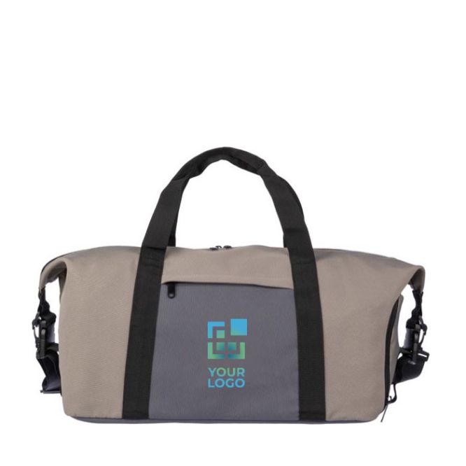 Sac de voyage tricolore avec compartiment latéral pour chaussures couleur taupe avec zone d'impression