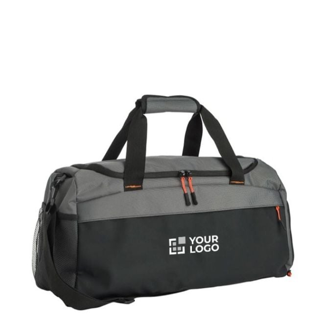 Sac de voyage bicolore avec compartiment latéral pour chaussures couleur gris avec zone d'impression