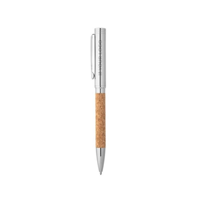 Stylo en liège et métal avec mécanisme tournant et encre bleue