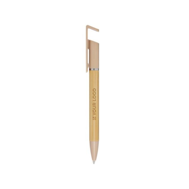 Stylo en bambou avec support de téléphone intégré encre bleue