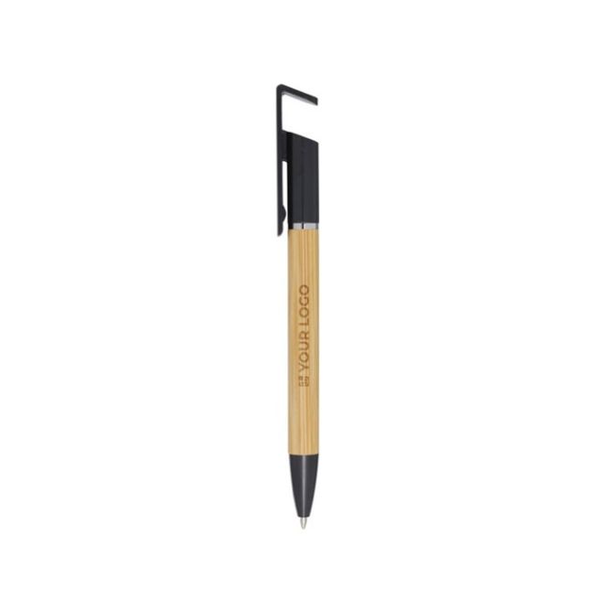 Stylo en bambou avec support de téléphone intégré encre noire