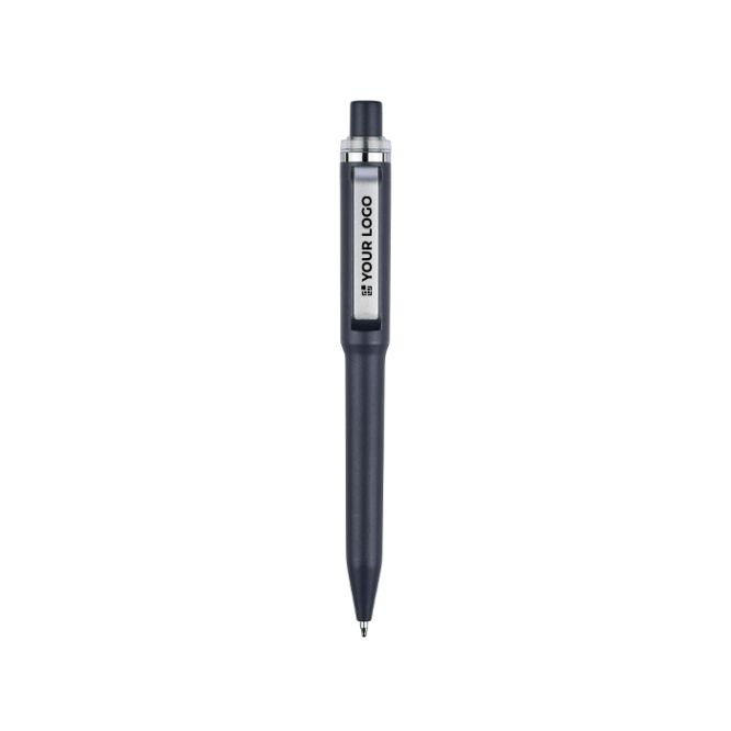 Stylo en plastique recyclé avec clip et anneau chromé encre bleue