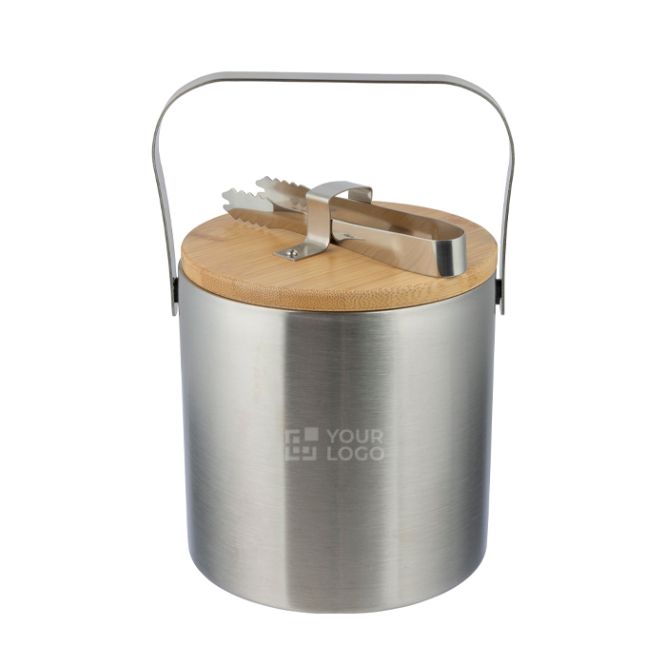 Seau à glaçons en acier inoxydable double paroi avec couvercle bambou