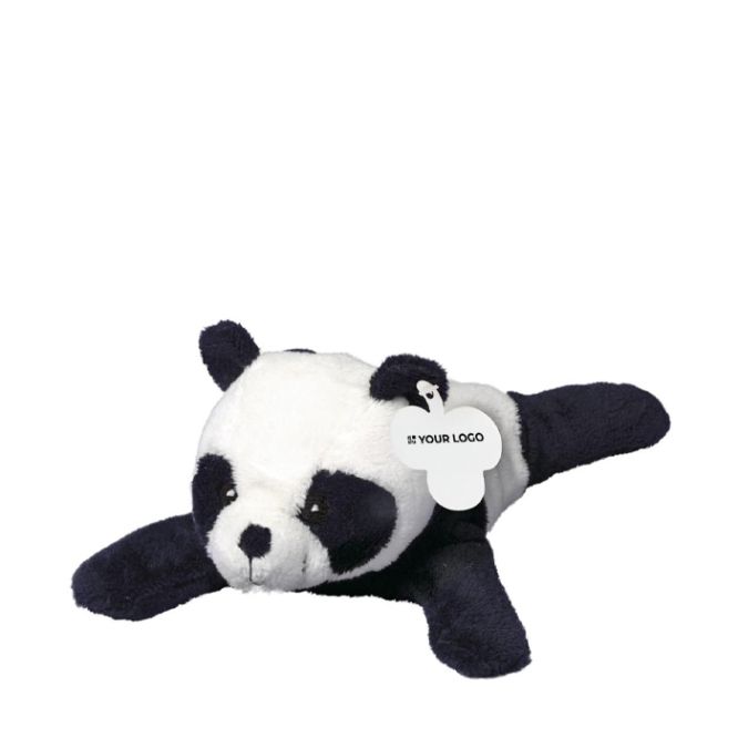 Peluche en forme de panda allongé avec étiquette personnalisable
