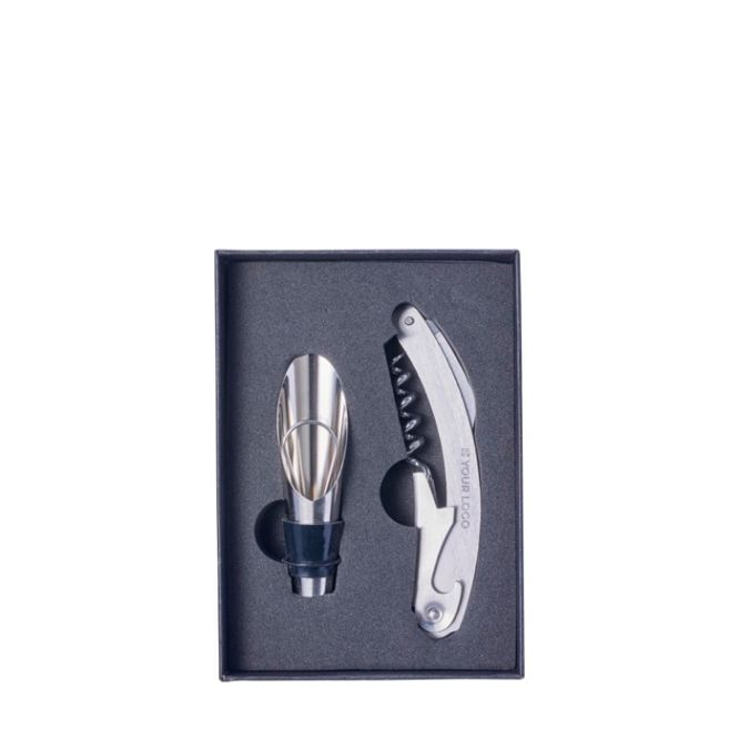 Set de vin dans étui carré avec accessoires en acier inoxydable