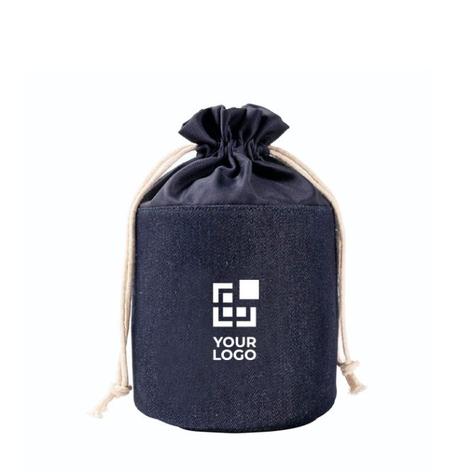 Trousse cylindrique en tissu jean avec fermeture à cordon