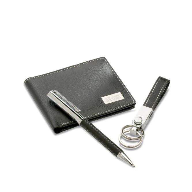 Comprend un stylo, un porte-clés et un portefeuille couleur noir