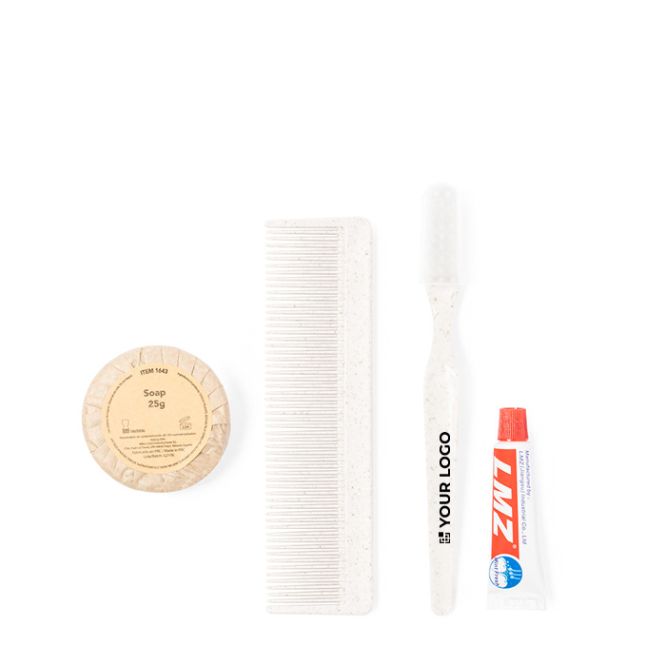 Brosse à dents, dentifrice, savon et peigne avec zone d'impression